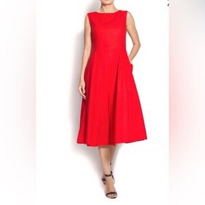 Vintage Handmade Red Midi Boat Neck Sleeveless Dress With Flared A Line Skirt